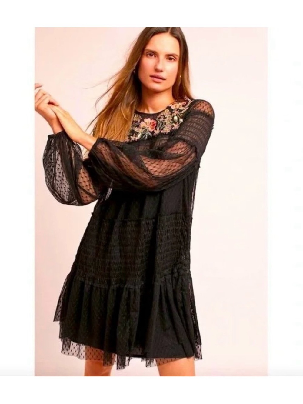 Anthropologie x Maeve Black Boho Embroidered Long-Sleeve Tiered Dress